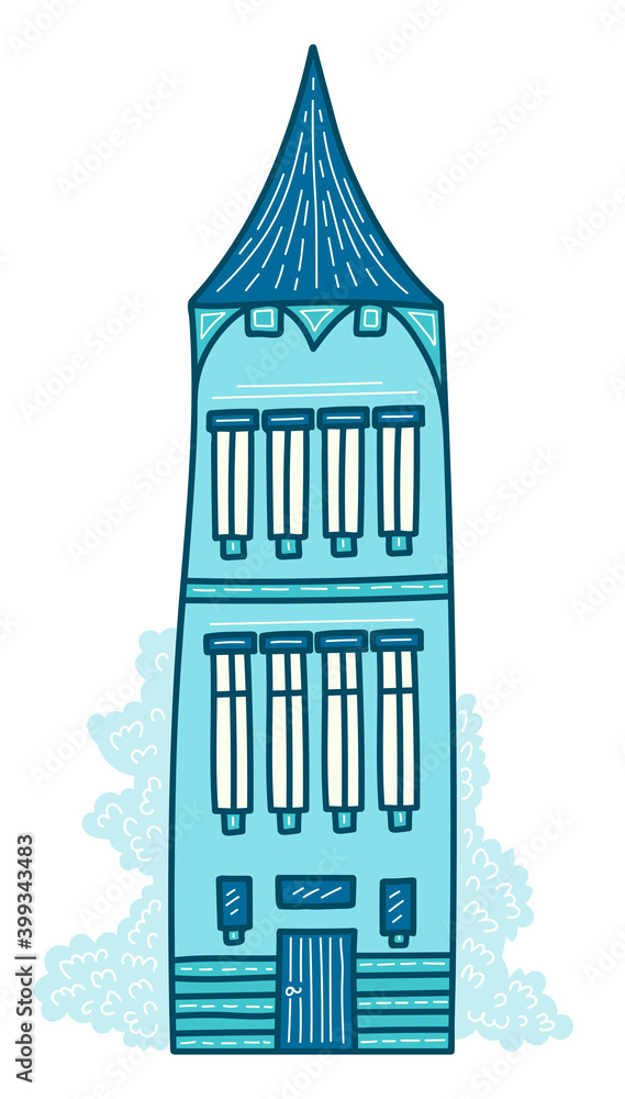 Vintage city house. Hand drawn vector doodle. Illustration with outline ...