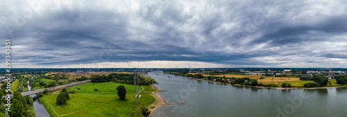 Panoramic view of the Rhine and the A1 motorway bridge near Leverkusen, Germany. Drone photography. © Bernhard