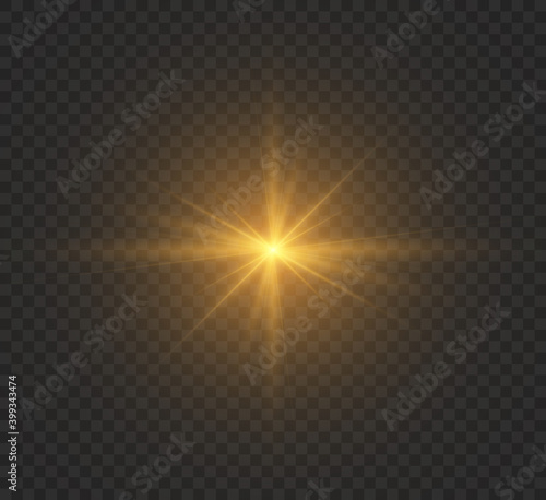 Yellow glowing light burst explosion with transparent. Vector illustration for cool effect decoration with ray sparkles. Bright star. Transparent shine gradient glitter  bright flare. Glare texture.