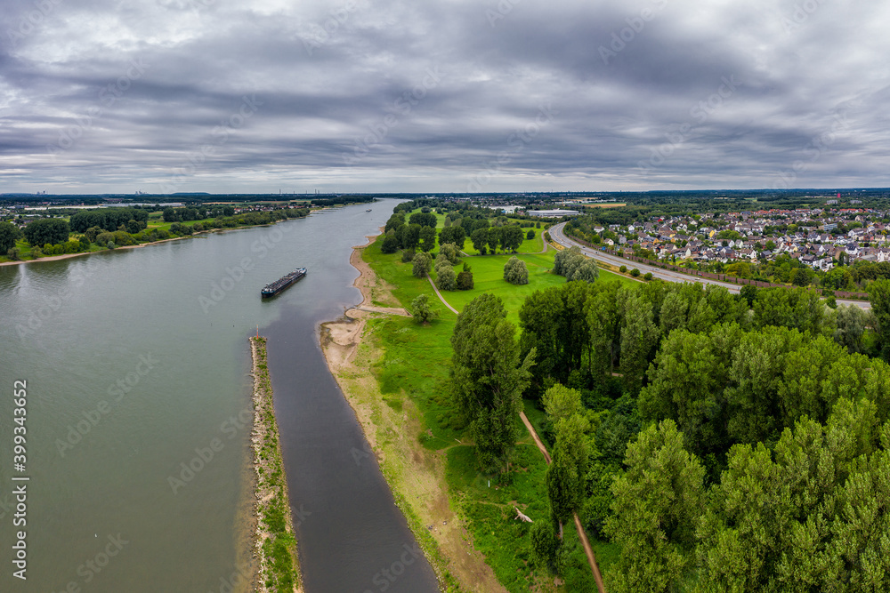 Panoramic view of the Rhine  near Leverkusen, Germany. Drone photography.