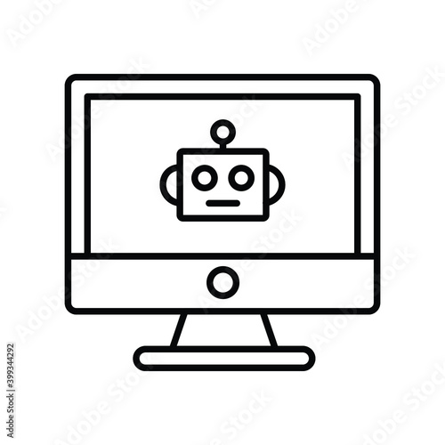 Robot on Computer Monitor Screen Line icon photo