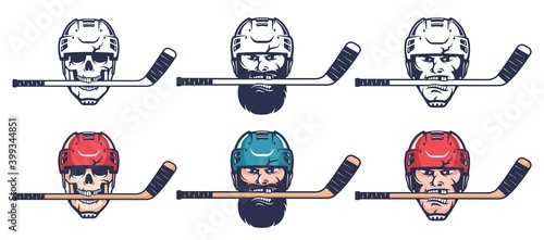 Hockey player head with stick. Skull in hockey helmet with stick. Vector illustration.
