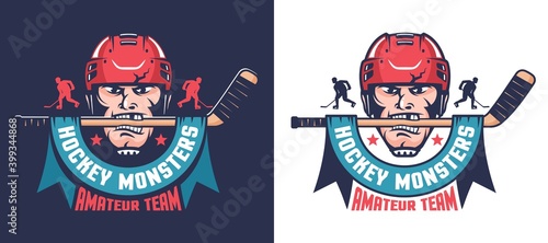 Hockey vintage logo with player, stick and ribbon. Ice hockey team mascot. Vector illustration.