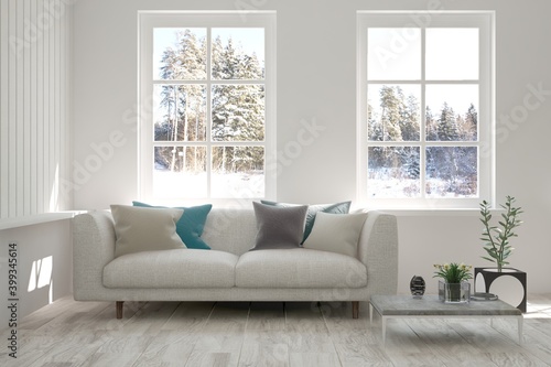 Wallpaper Mural White living room with sofa and winter landscape in window. Scandinavian interior design. 3D illustration Torontodigital.ca