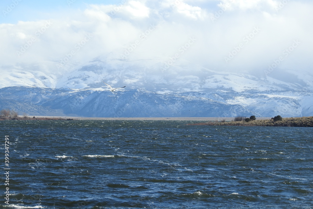 Bridgeport Reservoir in Mono County, California on a cold windy day. Choppy waters surrounded by the snow-covered Sierra Nevada Mountains.