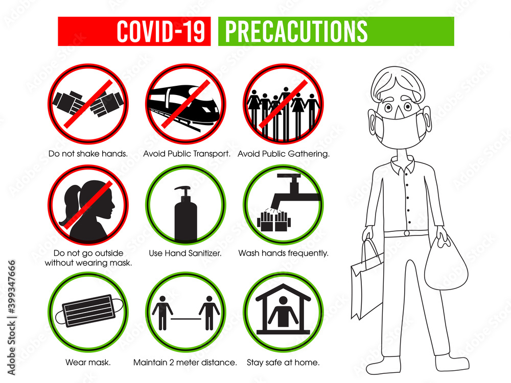 Corona virus 2019-nCoV illustration with the precaution measures to taken care by people.