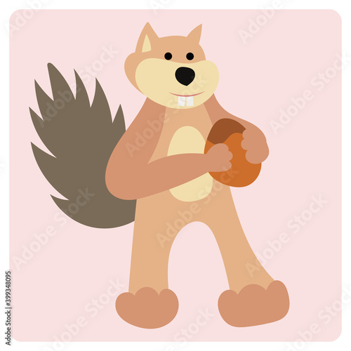 Wild squirrel with a nut in its paws, cute vector squirrel in flat style