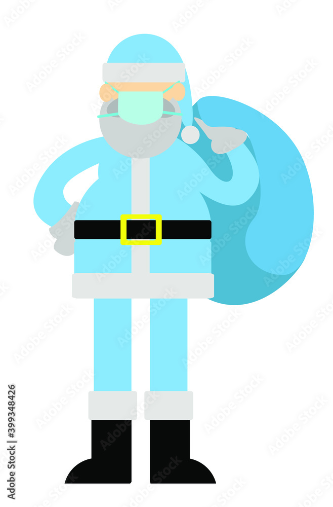 Papai Noel vestindo máscara e um uniforme azul.