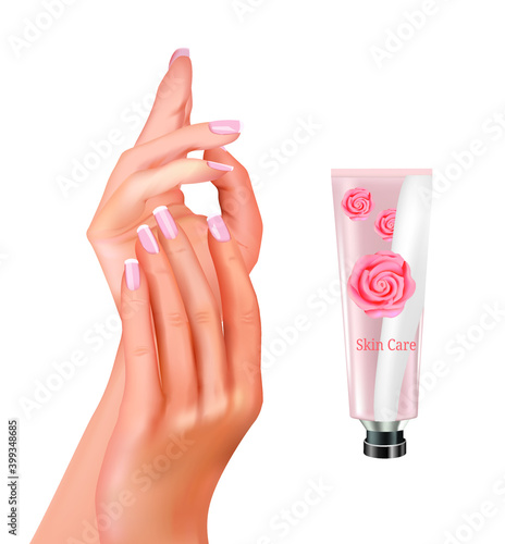 Woman hands with hand cream. vector illustration