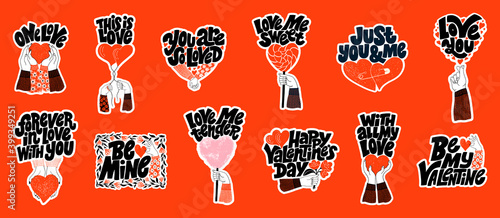 Vector sticker set for valentines day. Romantic collection for social media, print, t-shirt, card, poster, gift, landing page, web design elements. Hand-drawn lettering typography. Doodle illustration