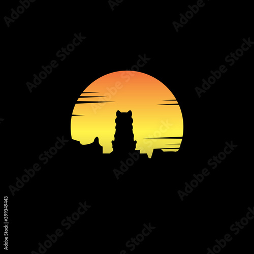 Beauty Sitting Wolf and Super Moon Illustration logo design, Silhouette Icon on Black Background, Flat Design Vector Illustration