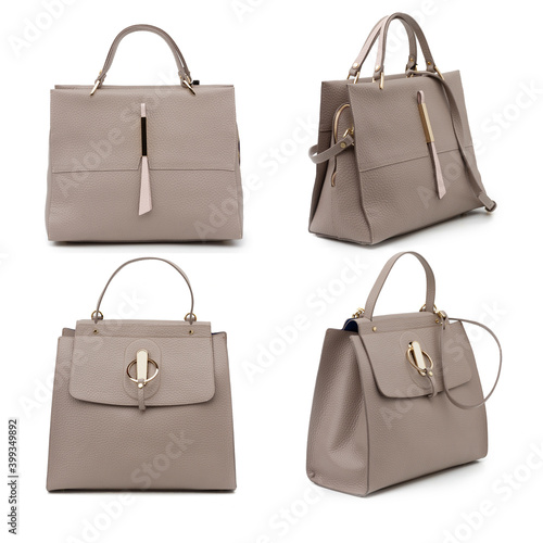 beige leather purses collection isolated on white background (ID: 399349892)