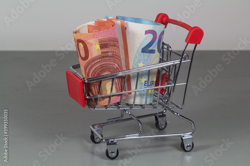 Small metallic shopping cart and euros banknotes