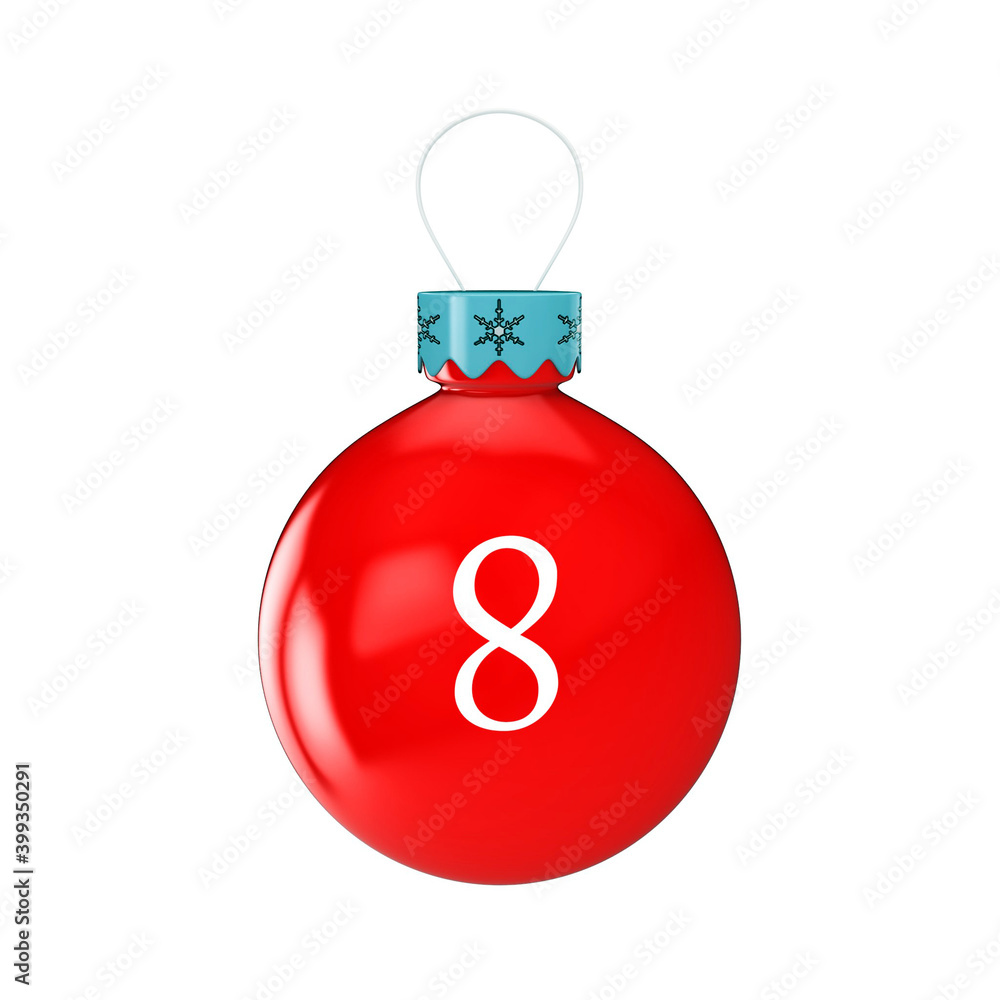 3D render shiny and glossy Christmas ball with latter and number 3D render shiny and glossy Christmas ball with latter and number