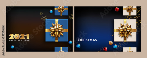 Merry Christmas, Happy New Year 2021. Set, blue background with realistic festive box. Christmas present. Gift boxes with a surprise, trinkets, balls. Flyer and brochure. glitter gold confetti, ribbon
