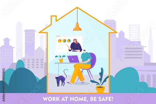 Work at home be safe online concept, vector illustration. artoon character sitting at computer. Social distancing protection, communication via Internet. Freelancer workplace in isolated home office.