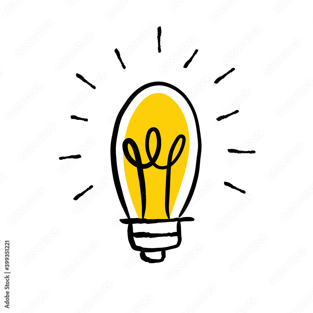 Shining light bulb doodle illustration. Hand drawn bright electric lamp. Symbol of idea and solution. Shining light bulb doodle illustration. Hand drawn bright electric lamp. Symbol of idea and solution.