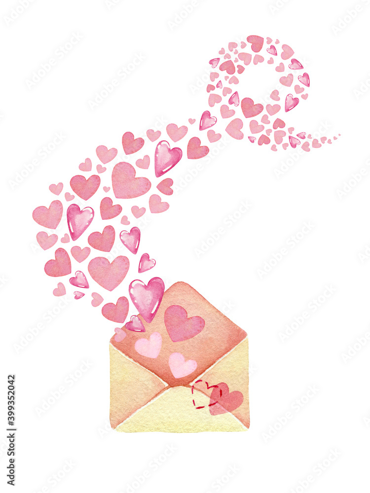 Watercolor hand drawn love envelope. Many pink hearts are flying away ...