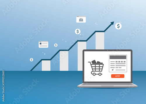 illustration of increasing graph for e-commerce.  rising graph with e-commerce icons and online shopping page on laptop screen.