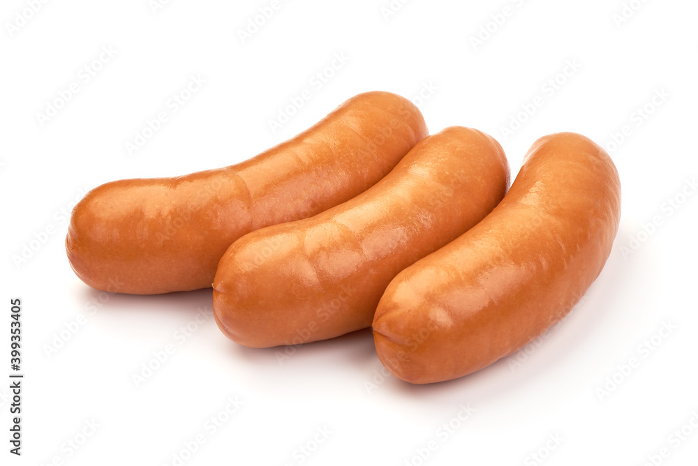 Boiled pork sausages, isolated on white background Boiled pork sausages, isolated on white background