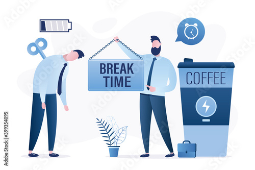 Tired male employee. Burnout, emotional stress. Businessman with empty battery. Friendship, colleague holds board - break time.