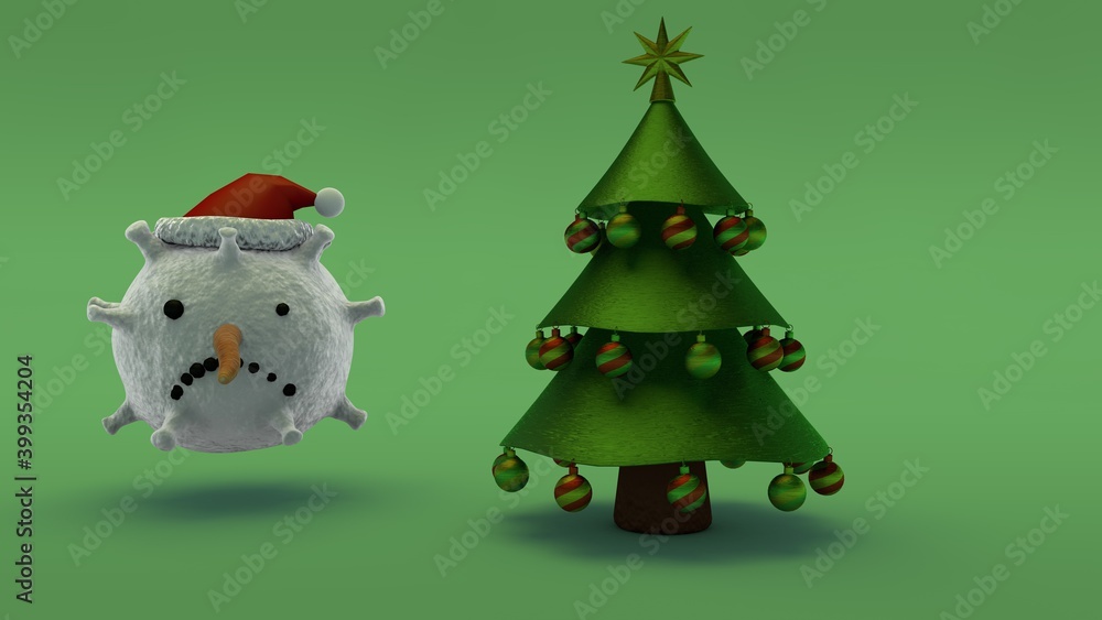 3d rendering of a green Christmas tree made of primitives on a green background and a snowman's snow head in a red cap in the form of a coronavirus. Ruined new year, lockdown for the holidays.