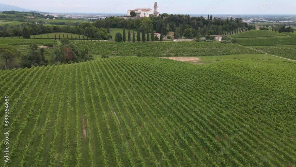 Aerial Of Green Prosecco Vineyards Below San Salvatore Castle, Susegana Italy Aerial Of Green Prosecco Vineyards Below San Salvatore Castle, Susegana Italy