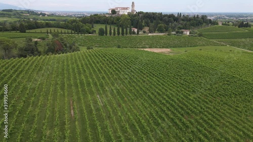 Aerial Of Green Prosecco Vineyards Below San Salvatore Castle, Susegana Italy photo