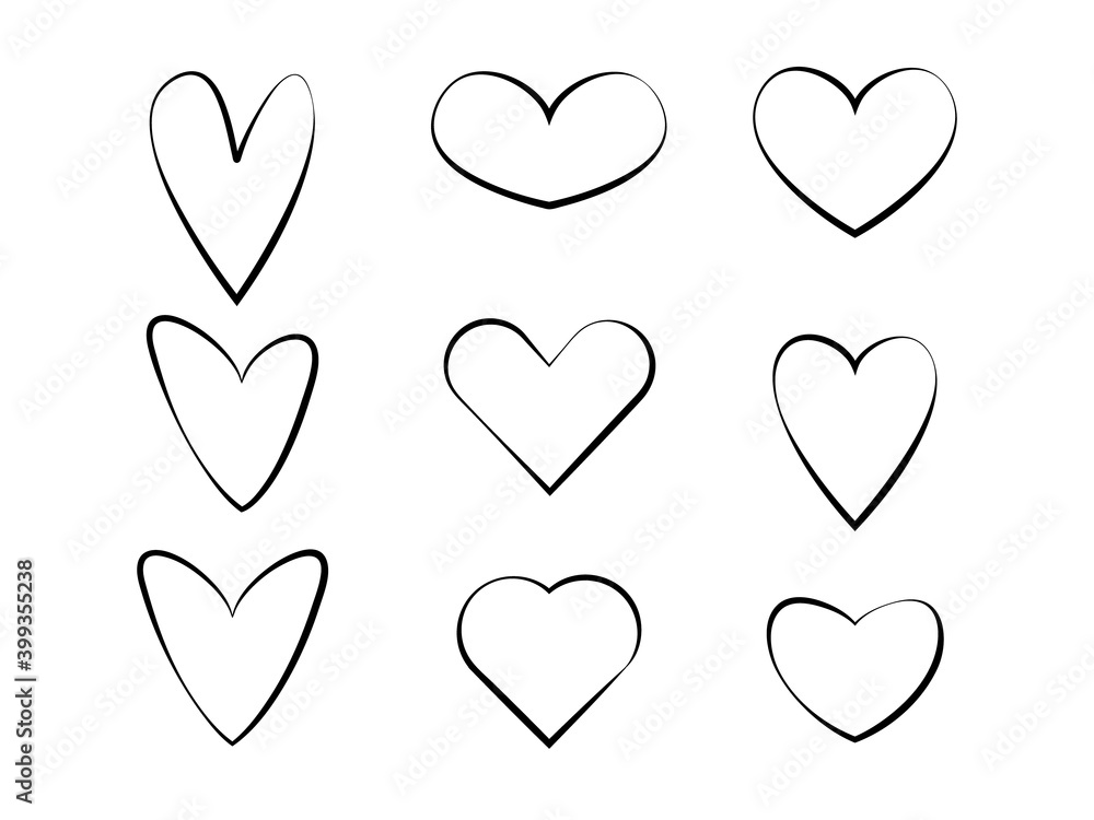 Outlines of hearts black set. Hand drawn romantic shapes for Valentines day holiday ink vector doodles.