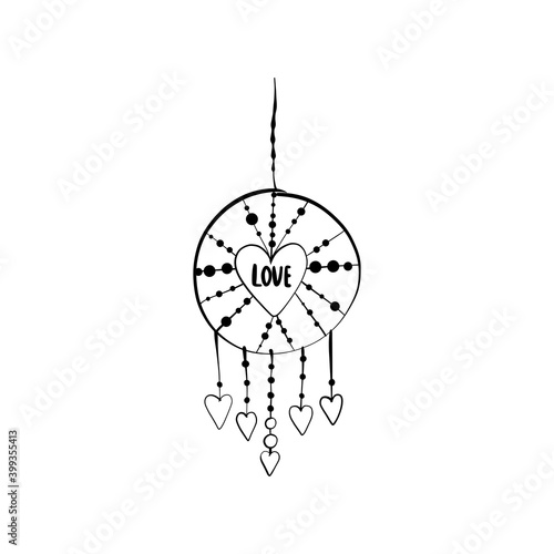 Cute dream catcher is drawn in doodle style in vector. Drawn by hand. Use for design paper, postcards, poster, sticker, banner, typography.