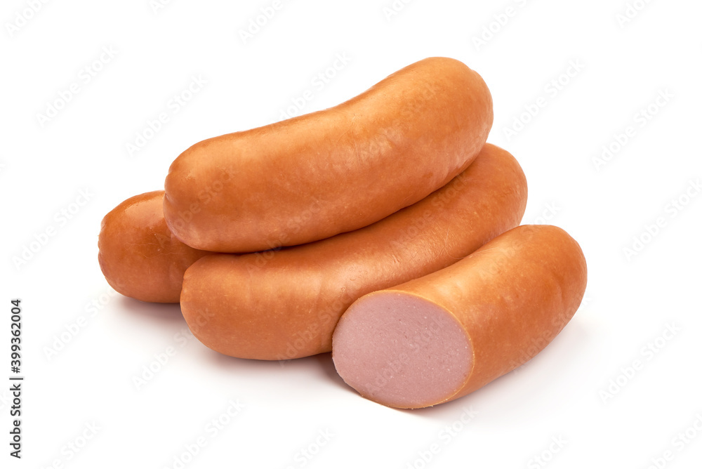 Boiled pork sausages, isolated on white background Boiled pork sausages, isolated on white background
