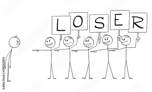 Vector cartoon stick figure illustration of group of men, coworkers, friends or businessmen holding Loser signs and pointing at frustrated man.
