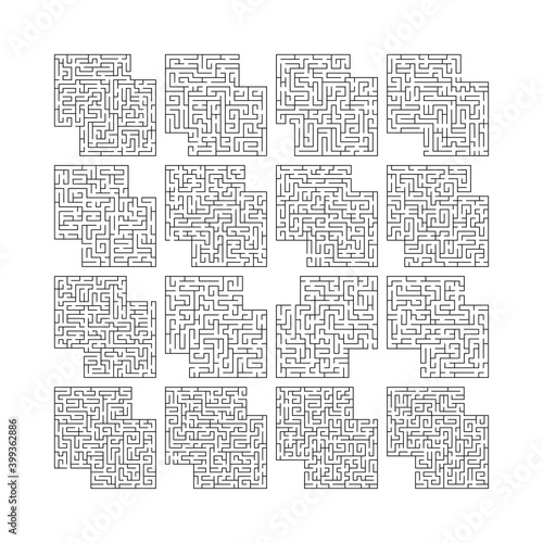 Maze labyrinth for kids game set isolated on white background. Black rectangle labyrinth puzzle beginning complexity - find way from entry to exit. Vector illustration.