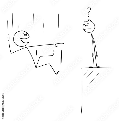 Vector cartoon stick figure illustration of man or businessman falling down but laughing to another man not falling. Concept of crisis, troubles, bankruptcy, debt or loan.
