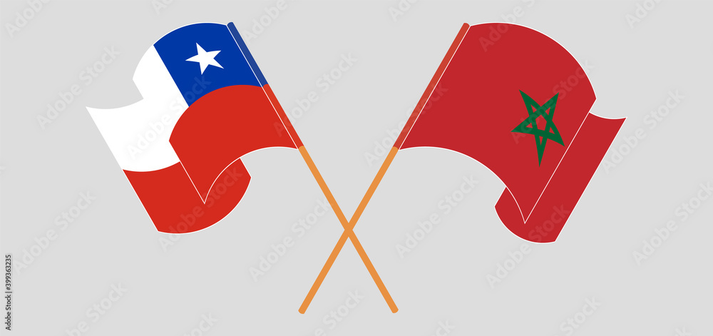 Crossed and waving flags of Chile and Morocco