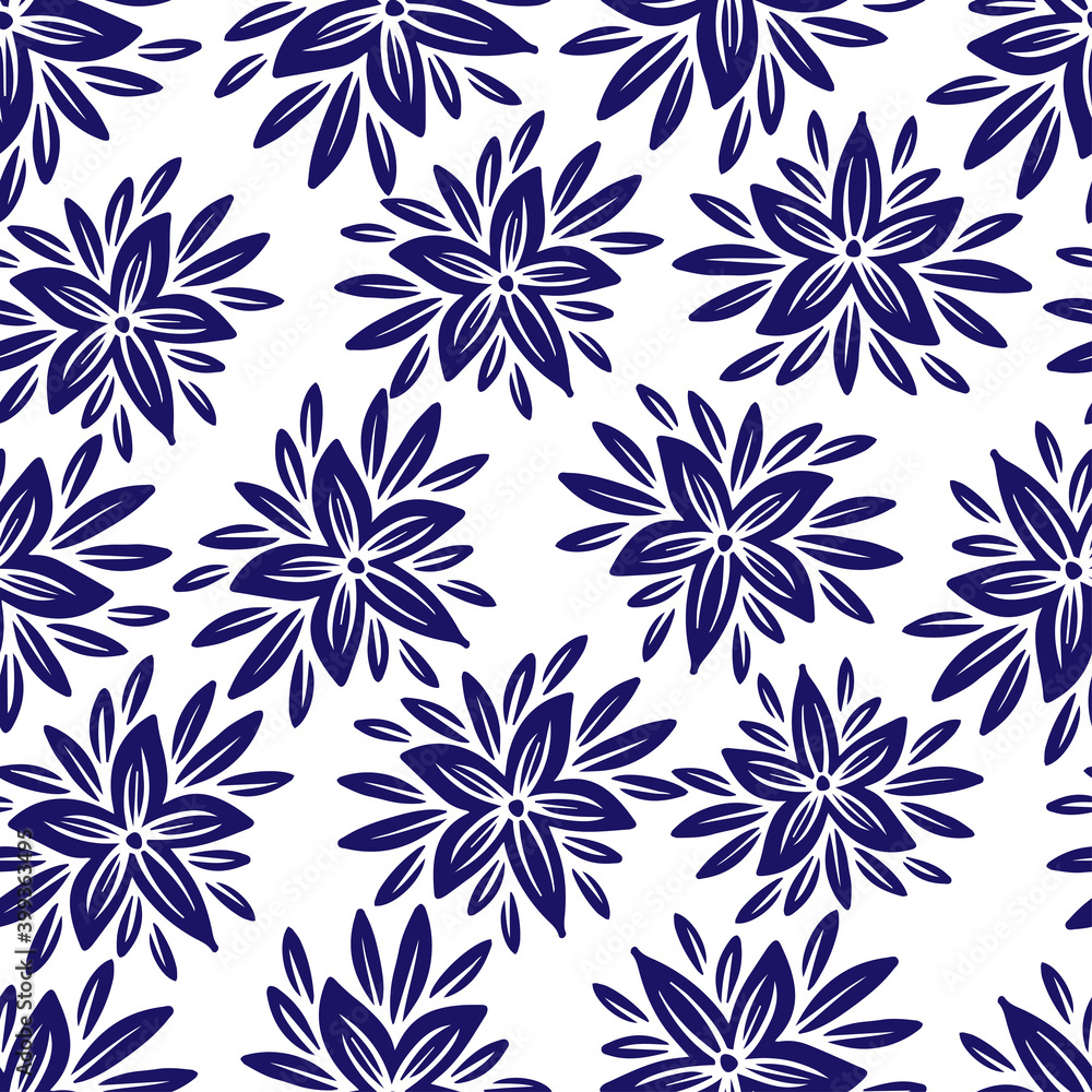 Modern seamless vector botanical colourful pattern with blue flowers in Gzhel style. Modern seamless vector botanical colourful pattern with blue flowers in Gzhel style.