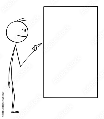Vector cartoon stick figure illustration of man or businessman holding marker ready to write on empty white board. Copy space to add text.