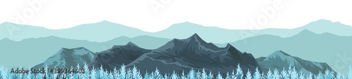 The mountains. Mountain range with cliffs, rocks and peaks. Horizon. Landscape with coniferous forest, taiga. Pine trees, ate. The isolated object on a white background. vector