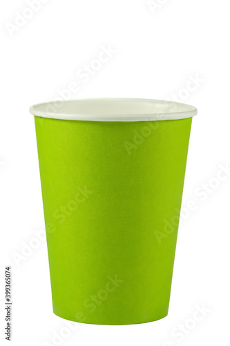 Empty green paper cup isolated on white. Front view. Packaging template mockup collection