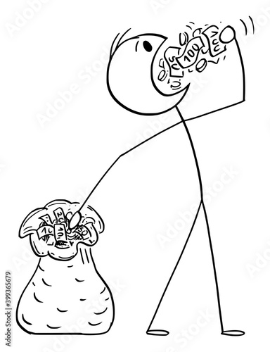 Vector cartoon stick figure illustration of selfish wealthy scrooge man or businessman eating money or cash from bag.