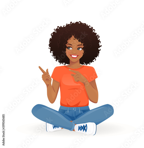 Young african woman sitting with crossed legs and pointing away isolated vector illustration