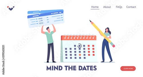 Travelers Booking Flight for Traveling Landing Page Template. Tiny Male Female Characters Circle Date on Huge Calendar