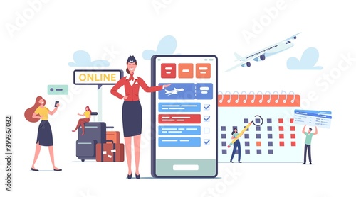 App for Tourists Concept. Happy Characters Go Travel Booking Plane Tickets Using Mobile Phone. Passengers with Luggage