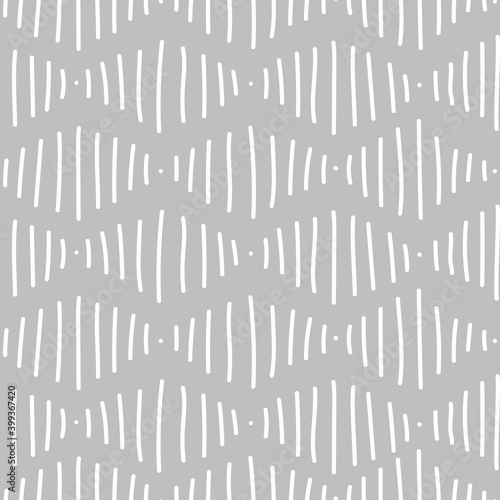 Abstract seamless pattern. Simple repeating ornament with lines and dots. White lines on gray background. Vector endless texture for wrapping paper, textile, wallpaper, fabric.