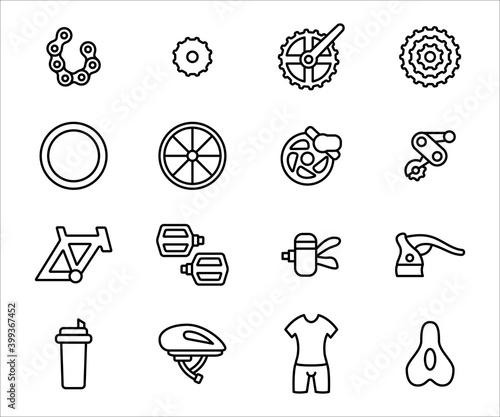 Simple Set of bicycle spare part shop Related Vector icon user interface graphic design. Contains such Icons as frame, tyre, gear, pedal, saddle, hear shifter, chain, helmet, and bicycle suit