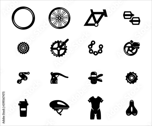 Simple Set of bicycle spare part shop Related Vector icon user interface graphic design. Contains such Icons as frame, tyre, gear, pedal, saddle, hear shifter, chain, helmet, and bicycle suit