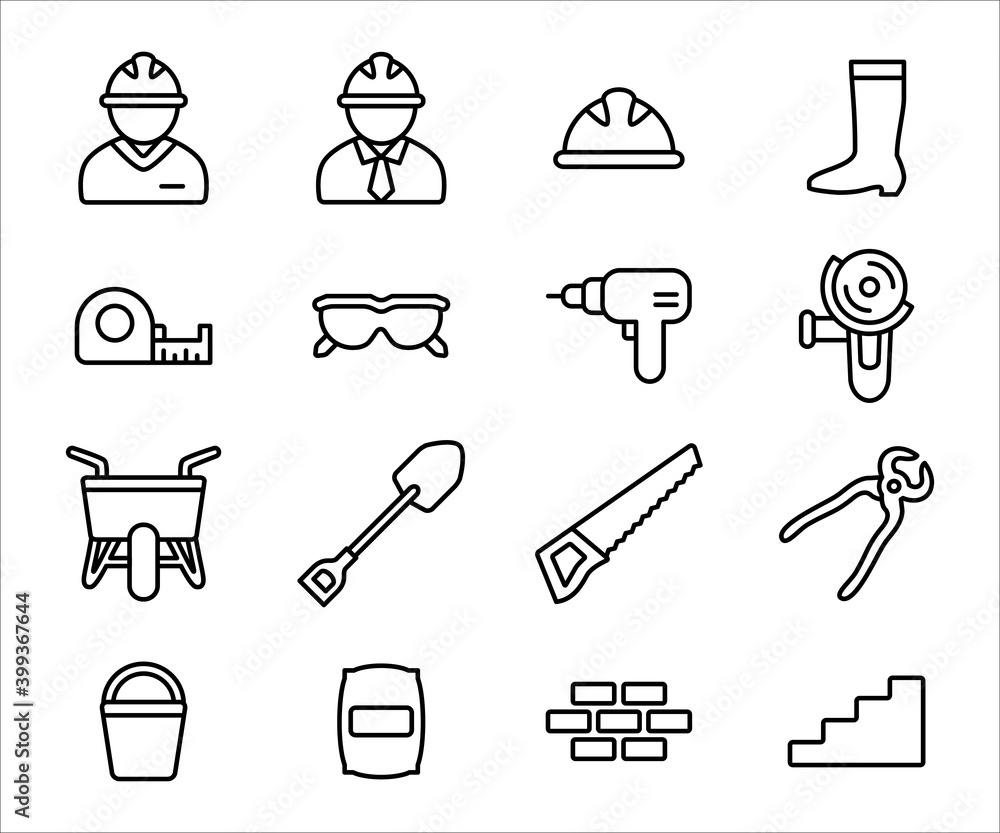 Simple Set of construction job and worker Related Vector icon user interface graphic design. Contains such Icons as construction worker avatar, measure tape, goggle, driller, cutter machine, barrow Simple Set of construction job and worker Related Vector icon user interface graphic design. Contains such Icons as construction worker avatar, measure tape, goggle, driller, cutter machine, barrow