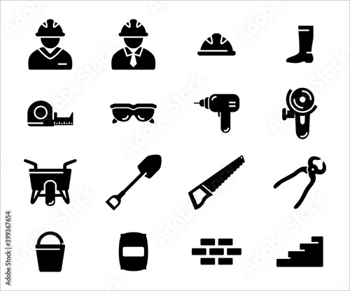 Simple Set of construction job and worker Related Vector icon user interface graphic design. Contains such Icons as construction worker avatar, measure tape, goggle, driller, cutter machine, barrow