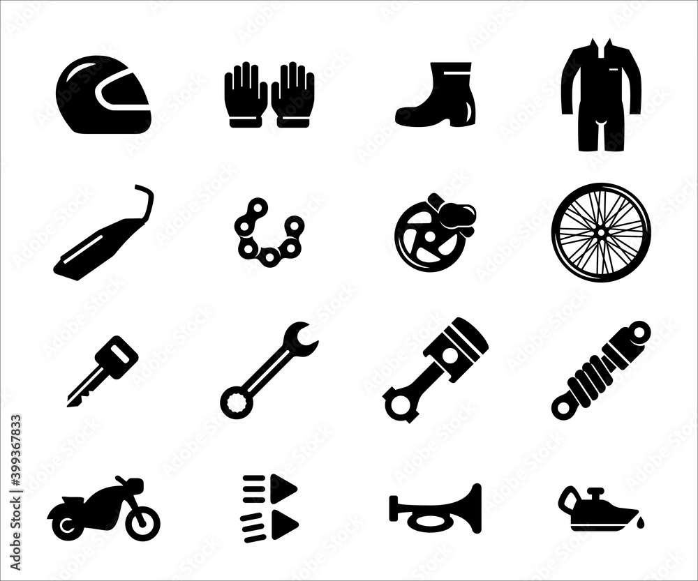 Simple Set of motorcycle workshop Related Vector icon user interface graphic design. Contains such Icons as helmet, glove, shoe, racing suit, chain, exhaust, piston, suspension, shock breaker, brake