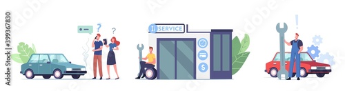 Set of Auto Service Mechanics Characters with Instruments. Diagnostics and Car Repair. Men in Uniform Service Station